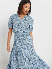 PixieGirl Petite Blue Floral Print Smock Dress - Image 4 of 5
