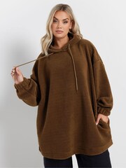 Yours Curve Brown Colourblock Teddy Hoodie - Image 1 of 5