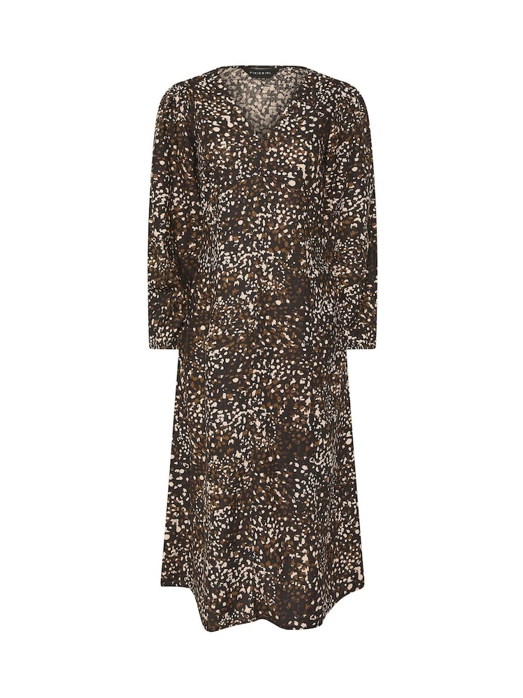 PixieGirl Petite Brown Leopard Print Midi Tea Dress - Image 5 of 5