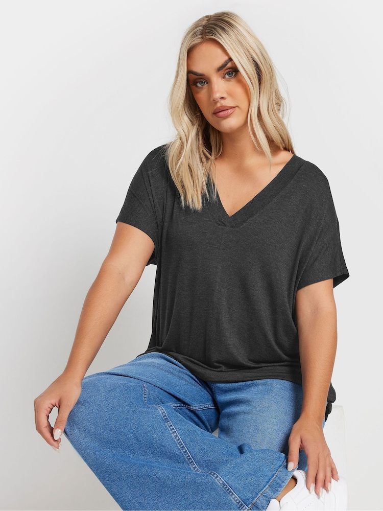 Yours Curve Grey Deep Band Grown On Basic T-Shirt - Image 1 of 5