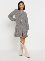 PixieGirl Petite Black Geometric Button Front Smock Mini Dress - Image 1 of 6