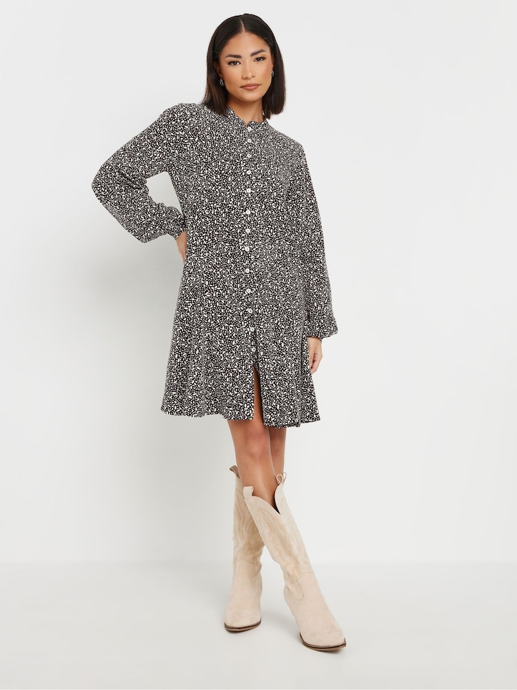 PixieGirl Petite Black Geometric Button Front Smock Mini Dress - Image 1 of 6
