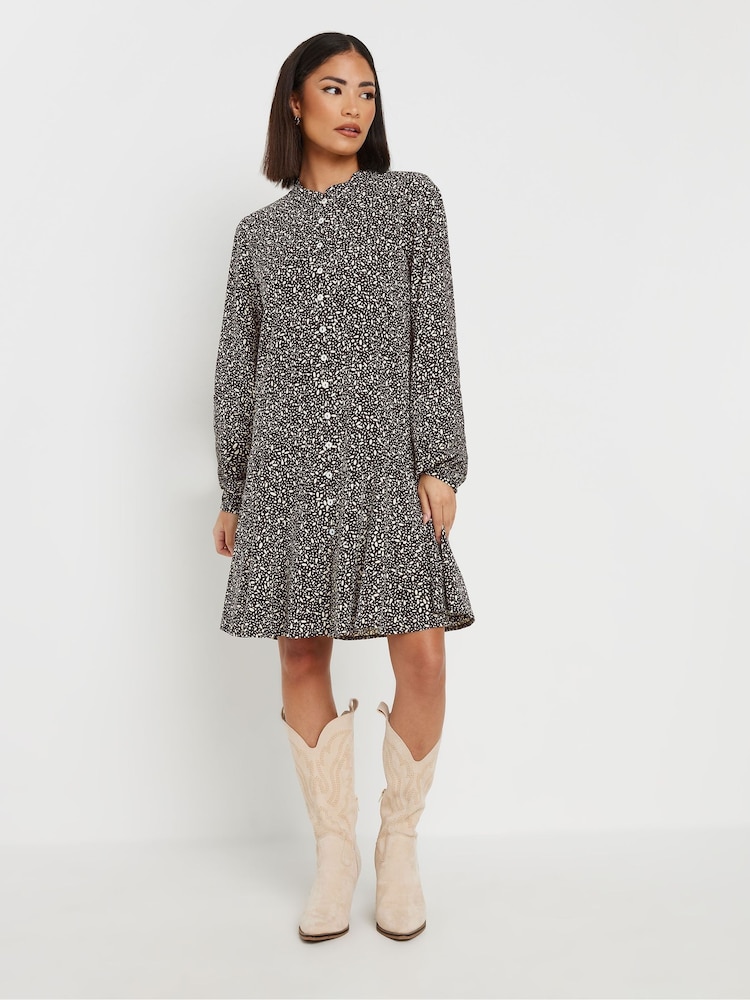 PixieGirl Petite Black Geometric Button Front Smock Mini Dress - Image 2 of 6 PixieGirl Petite Black Geometric Button Front Smock Mini Dress - Image 2 of 6