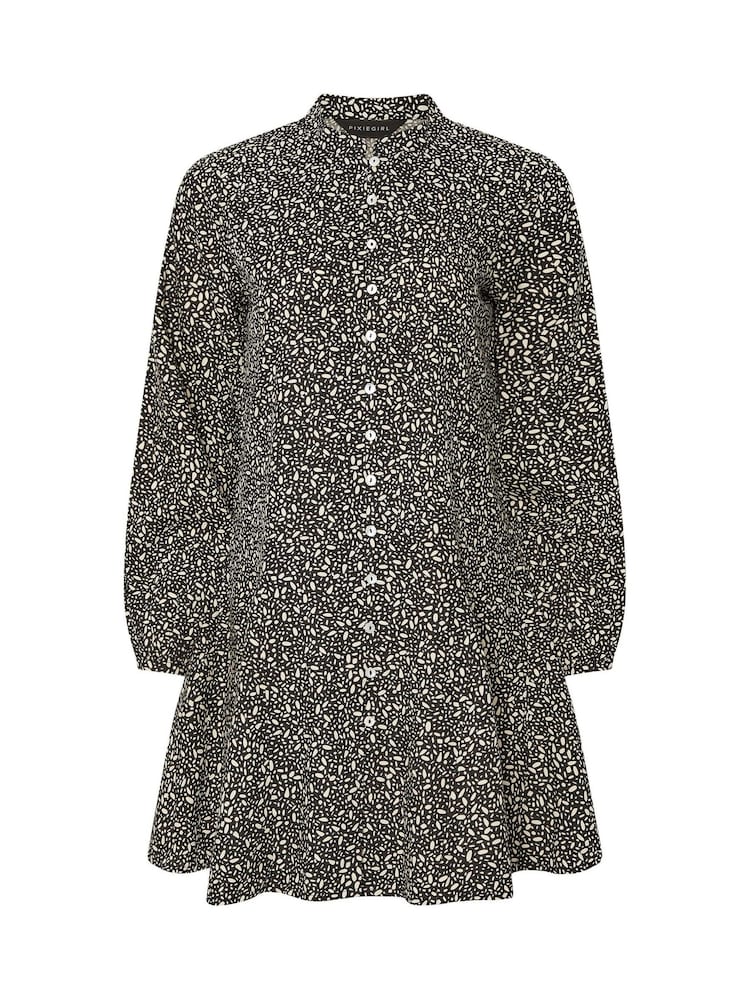 PixieGirl Petite Black Geometric Button Front Smock Mini Dress - Image 6 of 6 PixieGirl Petite Black Geometric Button Front Smock Mini Dress - Image 6 of 6