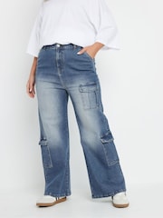 Yours Curve Blue Sandblasted Cargo Jeans - Image 1 of 5