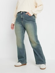 Yours Curve Blue Sandblasted Wide Leg Jeans - Image 1 of 6