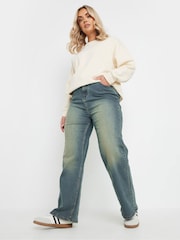 Yours Curve Blue Sandblasted Wide Leg Jeans - Image 3 of 6