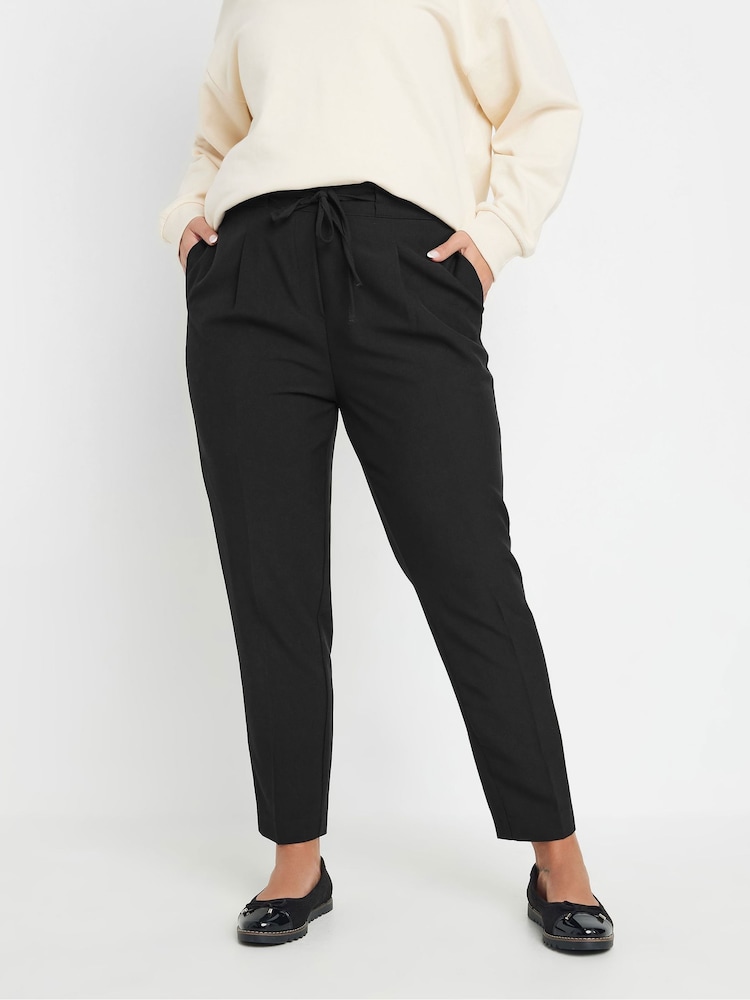 Yours Curve Black Tie Waist Straight Leg Trousers - Image 1 of 1 Yours Curve Black Tie Waist Straight Leg Trousers - Image 1 of 1