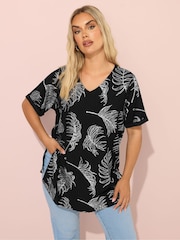 Yours Curve Black Foil Leaf Print Top - Image 1 of 5