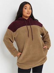 Yours Curve Natural Colourblock Teddy Hoodie - Image 1 of 5