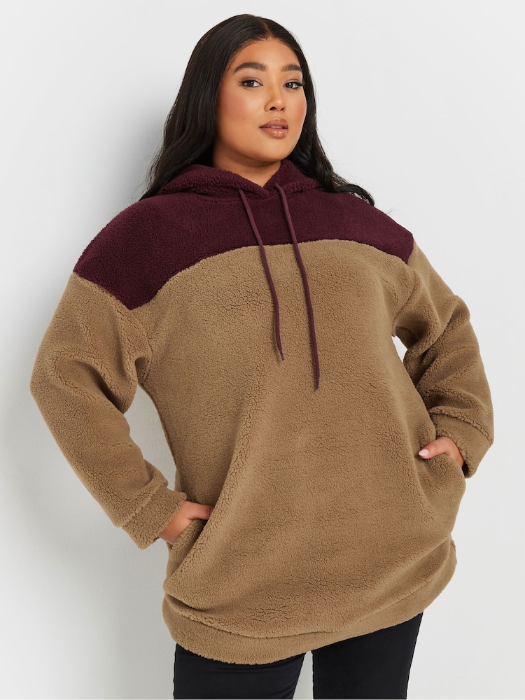 Yours Curve Natural Colourblock Teddy Hoodie - Image 1 of 5