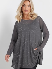 Yours Curve Grey Oversized Studded Embellished Mesh Top - Image 1 of 5