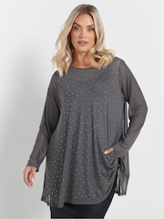 Yours Curve Grey Oversized Studded Embellished Mesh Top - Image 2 of 5