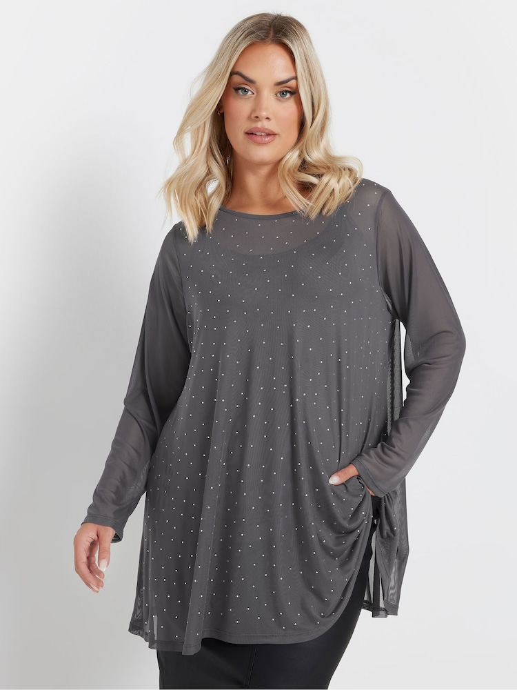 Yours Curve Grey Oversized Studded Embellished Mesh Top - Image 2 of 5