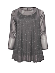 Yours Curve Grey Oversized Studded Embellished Mesh Top - Image 3 of 5