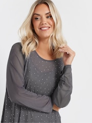 Yours Curve Grey Oversized Studded Embellished Mesh Top - Image 4 of 5