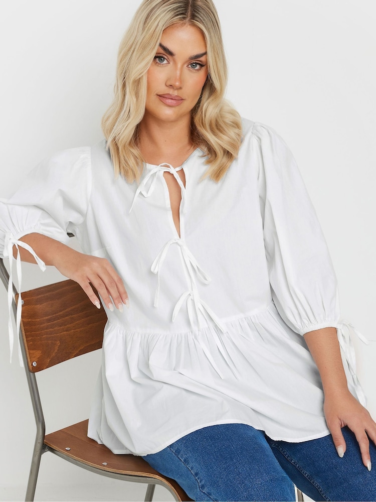 Yours Curve White Tie Front 100% Cotton Top - Image 2 of 5