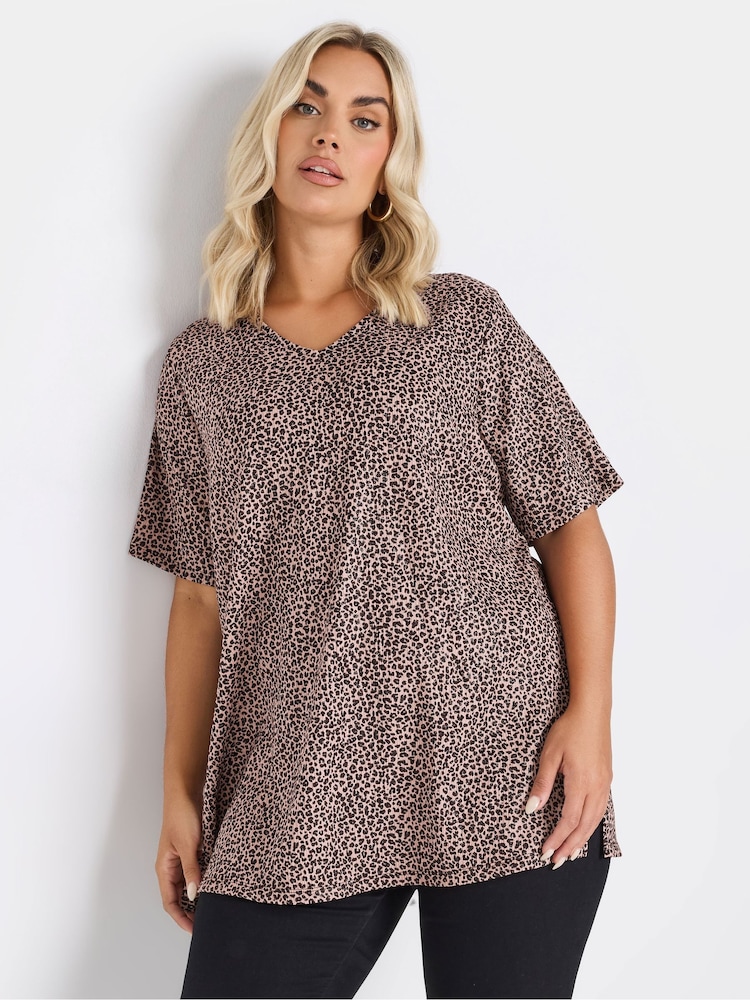 Yours Curve Pink Leopard Print V-Neck Top - Image 1 of 5