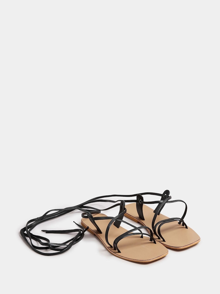 Yours Curve Black Extra Wide Fit Tie Up Leather Sandals - Image 2 of 5