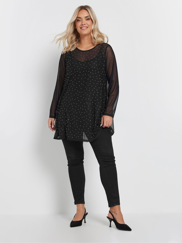 Yours Curve Black Oversized Studded Embellished Mesh Top - Image 2 of 5