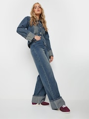 Long Tall Sally Blue Turn Up Wide Leg 100% Cotton Jeans - Image 1 of 10