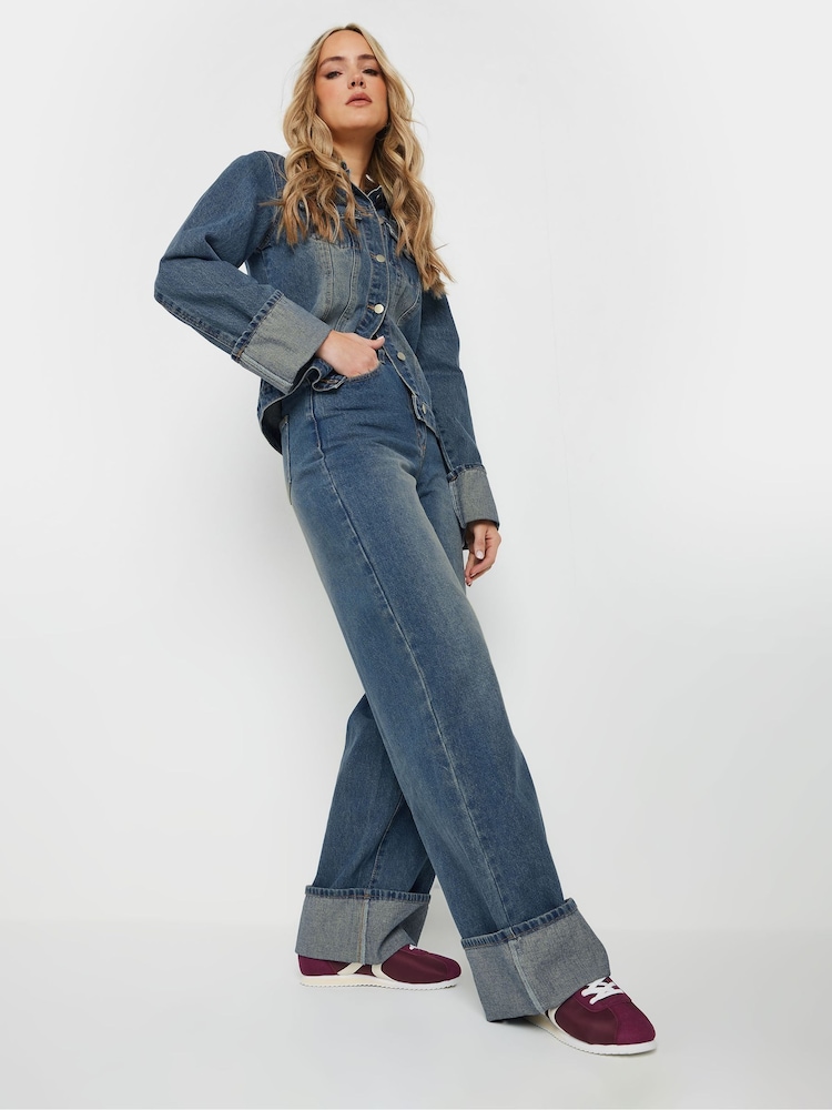 Long Tall Sally Blue Turn Up Wide Leg 100% Cotton Jeans - Image 1 of 10