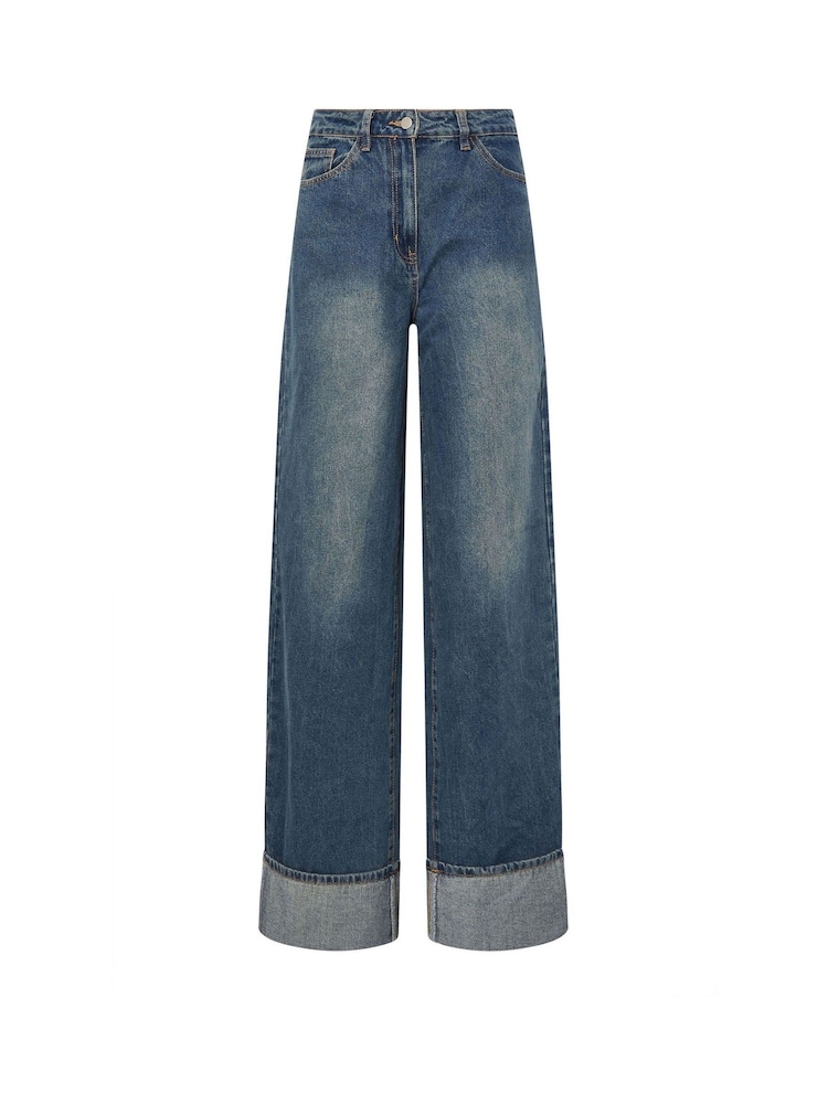Long Tall Sally Blue Turn Up Wide Leg 100% Cotton Jeans - Image 10 of 10