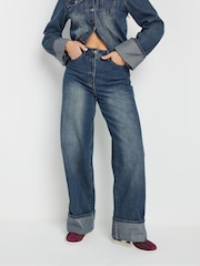 Long Tall Sally Blue Turn Up Wide Leg 100% Cotton Jeans - Image 3 of 10