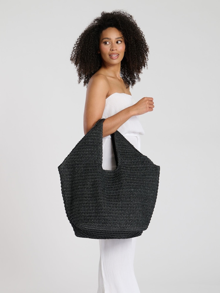 South Beach Black Woven Oversized Shoulder Tote Bag - Image 1 of 4