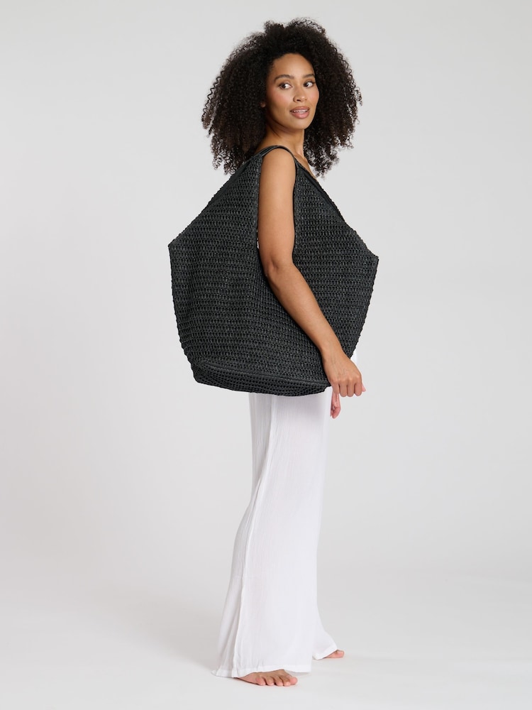 South Beach Black Woven Oversized Shoulder Tote Bag - Image 4 of 4
