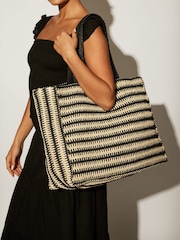 South Beach Monochrome Straw Woven Shoulder Tote Bag - Image 1 of 4