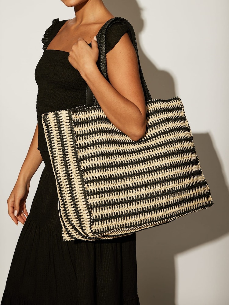 South Beach Monochrome Straw Woven Shoulder Tote Bag - Image 1 of 4