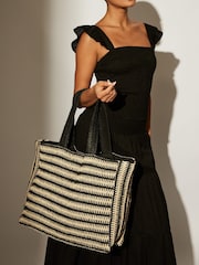 South Beach Monochrome Straw Woven Shoulder Tote Bag - Image 3 of 4