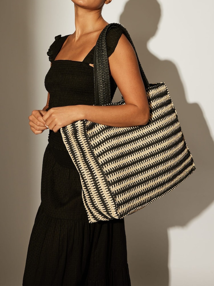 South Beach Monochrome Straw Woven Shoulder Tote Bag - Image 4 of 4