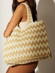South Beach Cream Monochrome Straw Woven Shoulder Tote Bag - Image 1 of 4