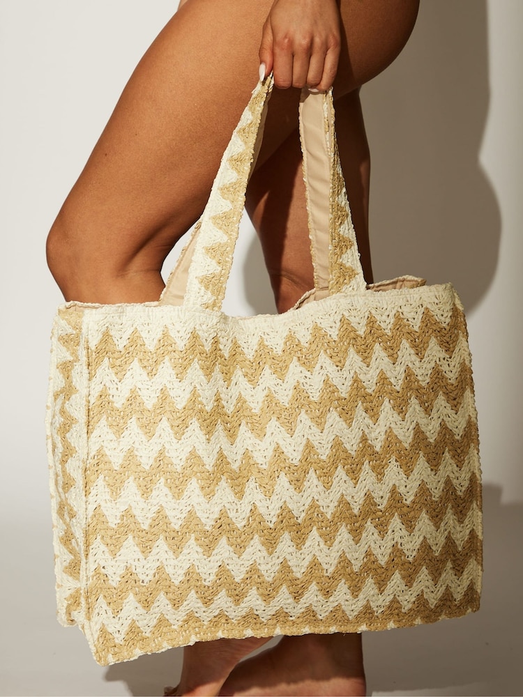 South Beach Cream Monochrome Straw Woven Shoulder Tote Bag - Image 2 of 4