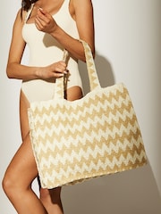 South Beach Cream Monochrome Straw Woven Shoulder Tote Bag - Image 4 of 4