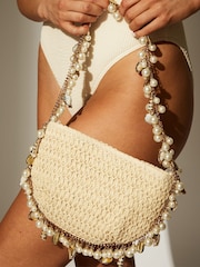 South Beach Brown Straw Shoulder Bag With Pearl and Shell Embellishment - Image 1 of 4