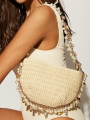 South Beach Brown Straw Shoulder Bag With Pearl and Shell Embellishment - Image 2 of 4
