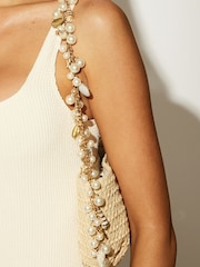 South Beach Brown Straw Shoulder Bag With Pearl and Shell Embellishment - Image 3 of 4
