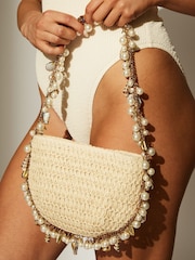 South Beach Brown Straw Shoulder Bag With Pearl and Shell Embellishment - Image 4 of 4