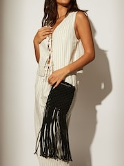 South Beach Black Fringe Detail Cross-Body 100% Cotton Chain Bag - Image 1 of 4