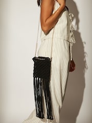 South Beach Black Fringe Detail Cross-Body 100% Cotton Chain Bag - Image 2 of 4
