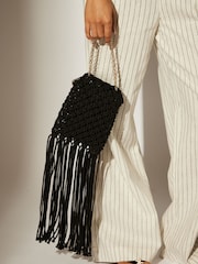 South Beach Black Fringe Detail Cross-Body 100% Cotton Chain Bag - Image 3 of 4
