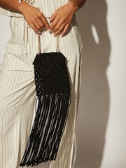 South Beach Black Fringe Detail Cross-Body 100% Cotton Chain Bag - Image 4 of 4
