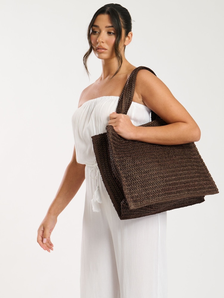 South Beach Brown Straw Woven Shoulder Tote Bag - Image 5 of 5
