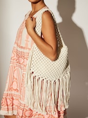 South Beach White Fringe Detail 100% Cotton Shoulder Bag - Image 1 of 4