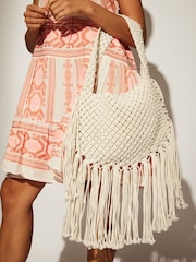 South Beach White Fringe Detail 100% Cotton Shoulder Bag - Image 2 of 4