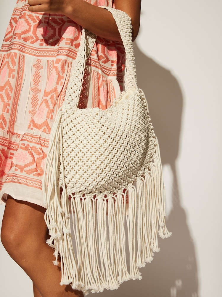 South Beach White Fringe Detail 100% Cotton Shoulder Bag - Image 4 of 4