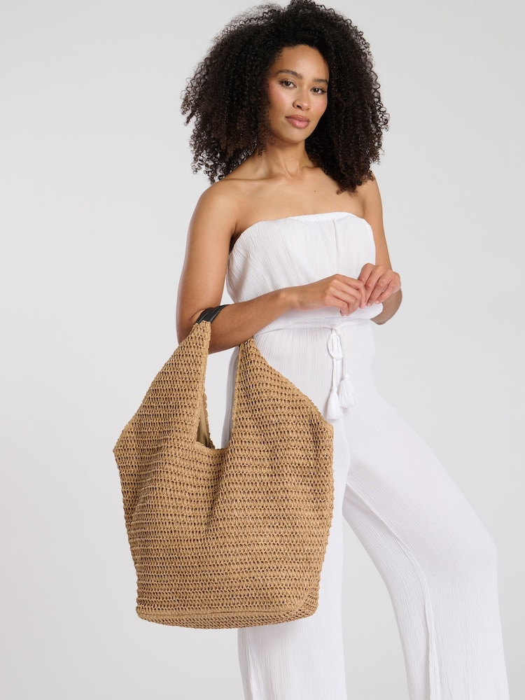 South Beach Brown Woven Oversized Shoulder Tote Bag - Image 2 of 4